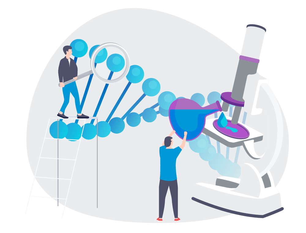 illustration of people examining a DNA sequence