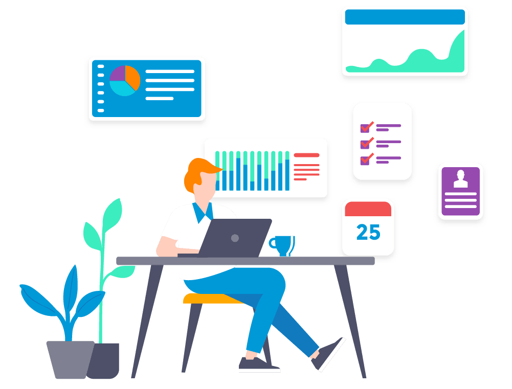 person working at desk with charts on back wall